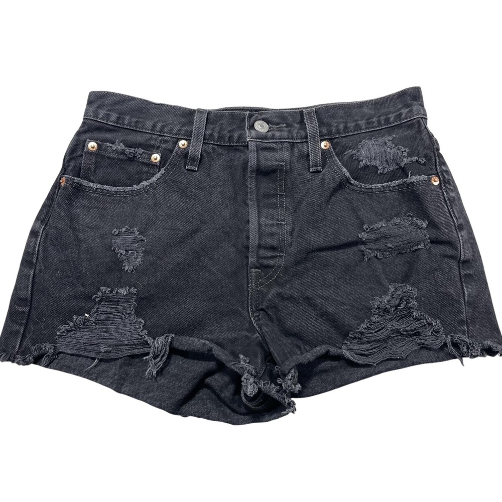 Levi's Premium 501xx Shorts Womens 30 Black Denim Distressed Cutoff 3" Inseam
